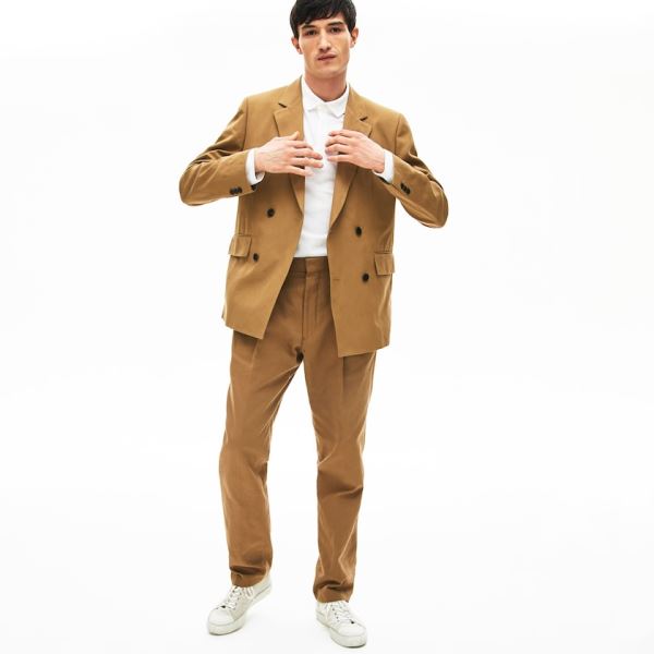 Lacoste Cotton-Linen Double-Breasted Jacket - Bunda Pánské Hnědé | CZ-Tvnbeg